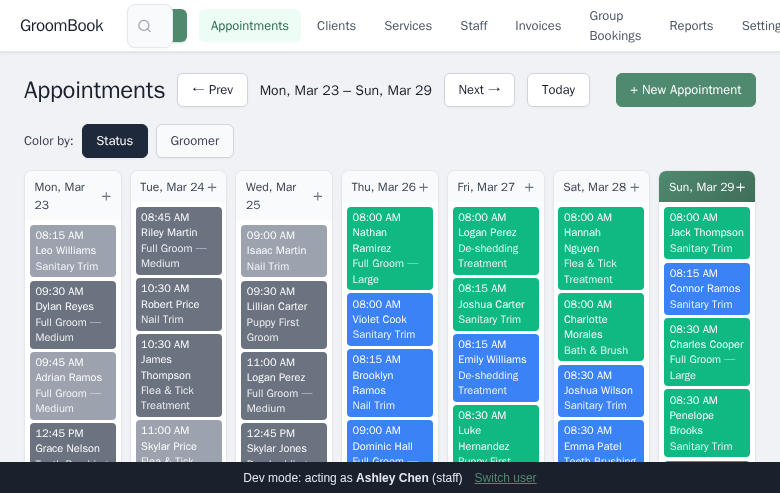 Weekly appointment calendar with breed-aware scheduling